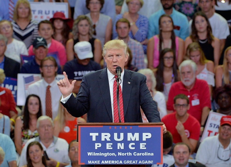 Donald Trump addresses the audience Tuesday at a campaign event at Trask Coliseum in Wilmington