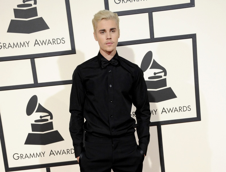 Justin Bieber at the fifty-eighth Grammy Awards held at Staples Center