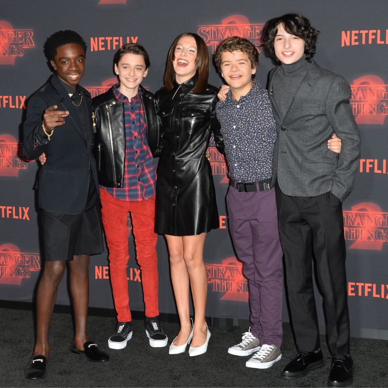 Caleb McLaughlin, Noah Schnapp, Millie Bobby Brown, Gaten Matarazzo & Finn Wolfhard at the premiere for Netflix s Stranger Things 2 at the Westwood Village Theatre