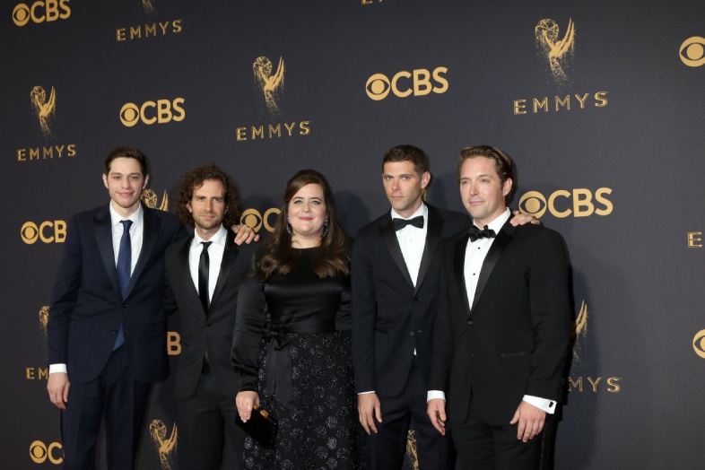 Los angeles sep 17 : pete davidson kyle mooney aidy bryant mikey day beck bennett at the 69th primetime emmy awards arrives