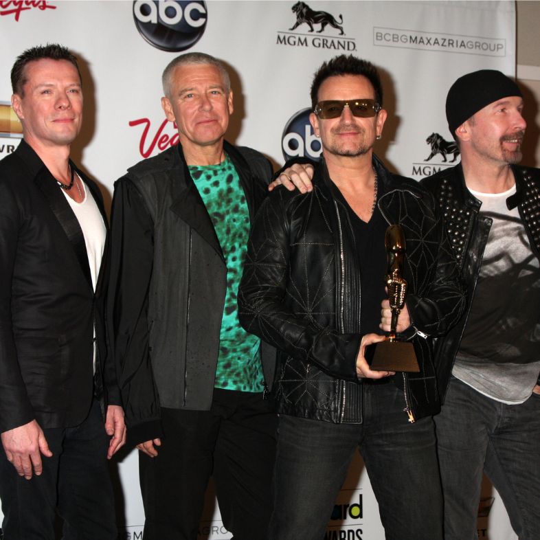 U2 (Larry Mullen Jr, Adam Clayton, Bono and The Edge) in the Press Room of the 2011 Billboard Music Awards at MGM Grand Garden Arena on May 22, 2010 in Las Vegas, NV