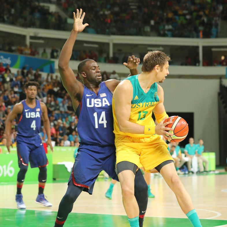 RIO DE JANEIRO, BRAZIL - AUGUST 10, 2016: Draymond Green of team United States in action during group A basketball match between Team USA and Australia of the Rio 2016 Olympic Games at Carioca Arena 1