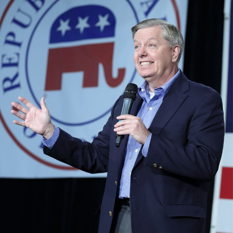 Iowa Republican Growth and Opportunity Party, October 31, 2015, Des Moines, Iowa. United States Senator from South Carolina, Lindsey Graham, smiling on stage