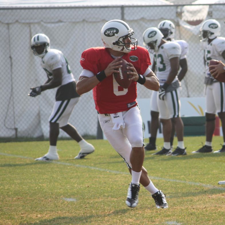 Rookie Strategist, Mark Sanchez, exercises at the NY Jet Training Camp in Cortland