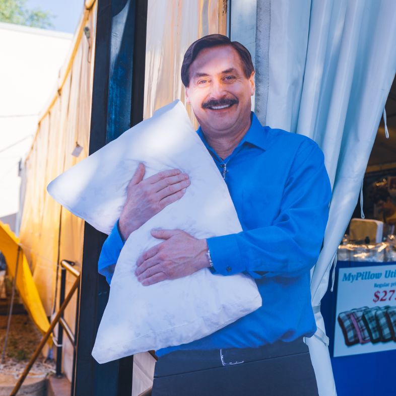 Falcon Heights, Minnesota - August 30, 2021: Cardboard cutout of My Pillow founder Mike Lindell at his booth at the Minnesota State Fair