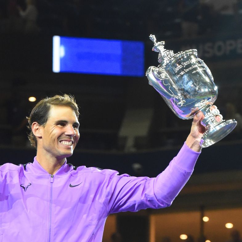 NEW YORK - SEPTEMBER 7, 2019: 2019 US Open champion Rafael Nadal of Spain during trophy presentation after his victory over Daniil Medvedev at Billie Jean King National Tennis Center in New York