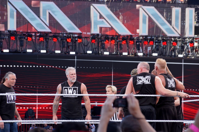 Santa Clara, California - March 29, 2015: WWE NWO wrestlers Scott Hall, and Kevin Nash face off with DX and New Age Outlaws