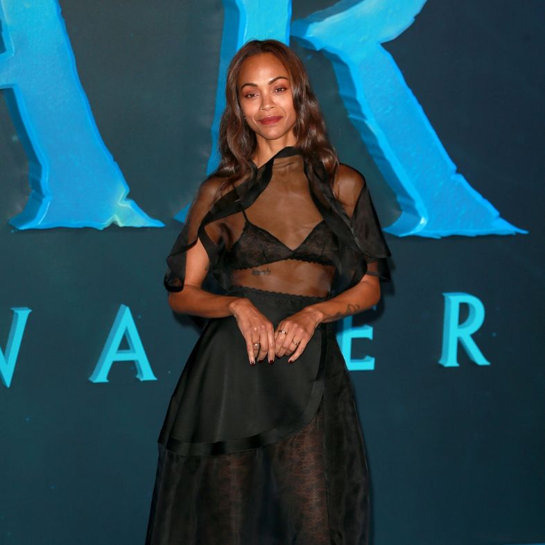 Actress Zoe Saldana on the blue carpet for the Avatar: The Way Of Water at the Corinthia Hotel in London, England