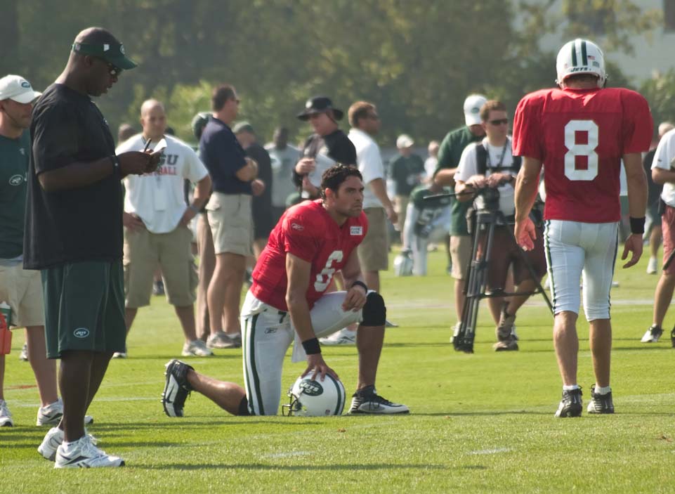 New york jets quarterbacks mark sanchez and mark brunell at training camp in cortland,ny. photo taken august 4th,2010 - Photo 15445167 © Debra Millet | Dreamstime.com
