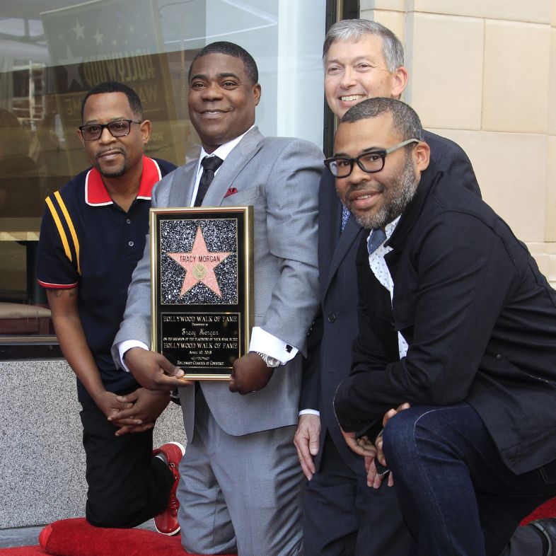 Martin Lawrence, Tracy Morgan, Leron Gubler, Jordan Peele at the Tracy Morgan Star Ceremony on the Hollywood Walk of Fame on April 10, 2018 in Los Angeles, CA